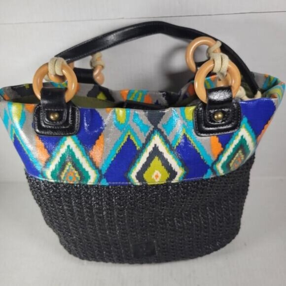 Plum Brand Multicolored Fabric Southwestern Wood Accent Woven Shoulder Handbag - Picture 1 of 12